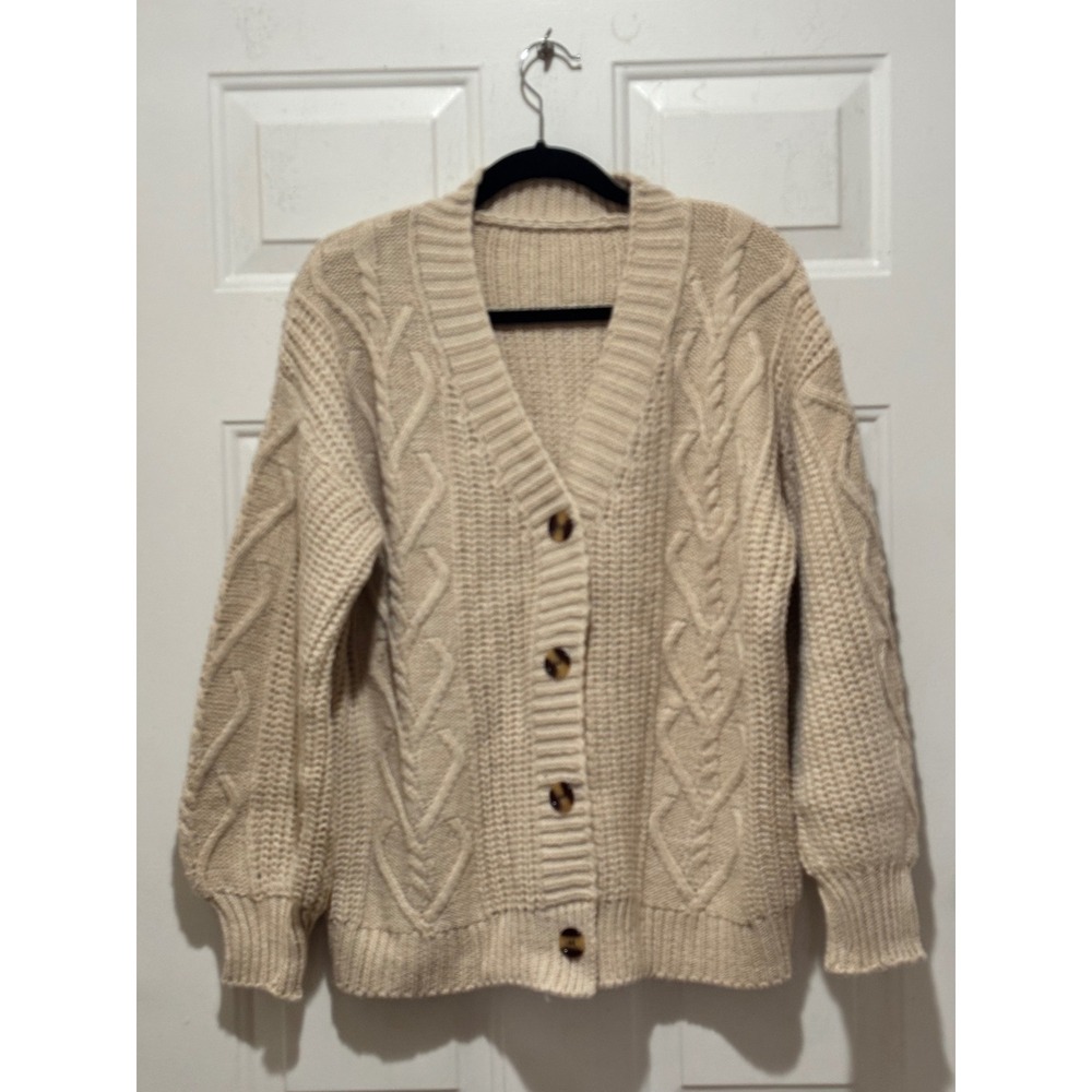 Womens Cream Beige Cable Knit Cotton Cardigan Heart Stitch Button Front Large